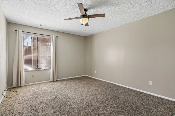 Neutral tone wall finish with textured carpeting and window with blinds