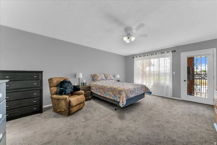 Spacious room featuring gray wall paint, gray carpeting, a ceiling fan with integrated lighting, and a window with sheer curtains