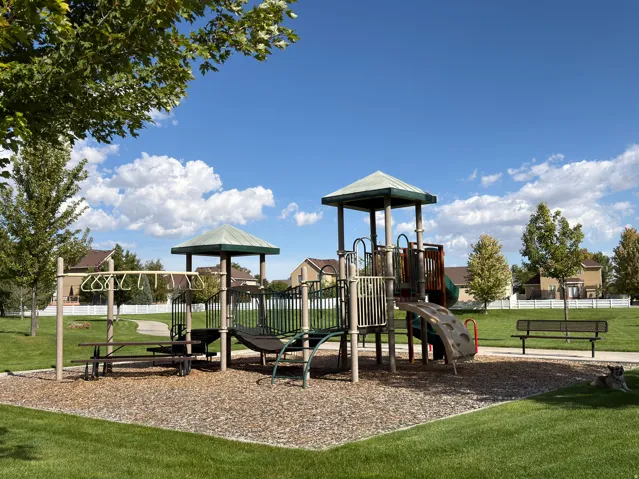 Community playground featuring a multi-level play structure, slide, and monkey bars