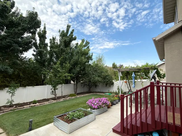 Expansive backyard featuring a manicured lawn, established trees, and a privacy fence