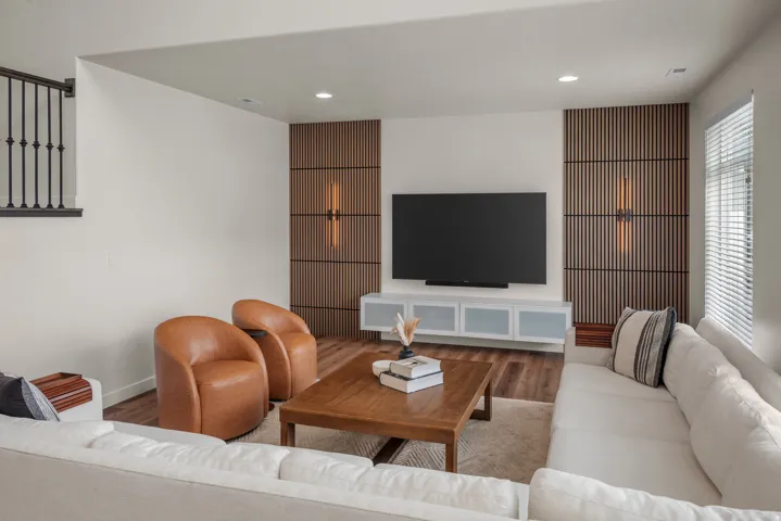 Wood-finish flooring, recessed lighting, and a window with horizontal blinds