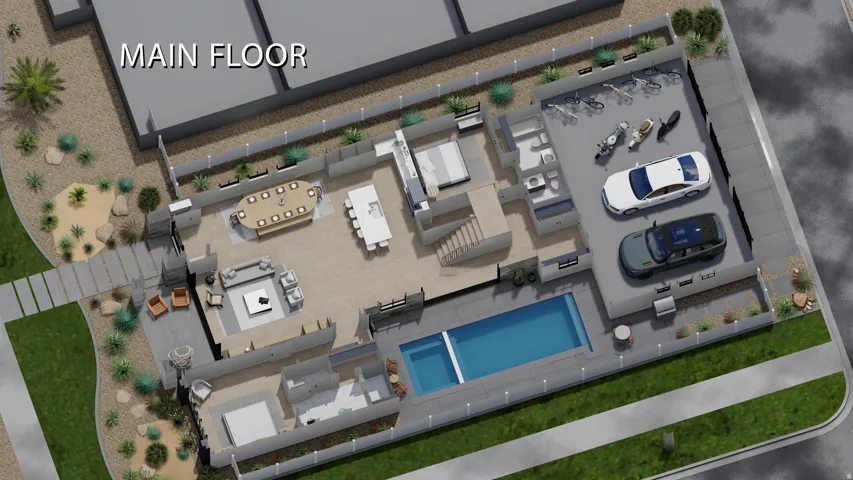 Expansive open-concept floor plan with a private swimming pool, integrated outdoor patio, desert landscaping, and dedicated parking area