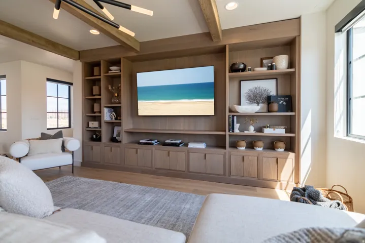 Built-in media center with integrated shelving and lower cabinetry, wood-finish flooring, exposed ceiling beams, and black-framed windows