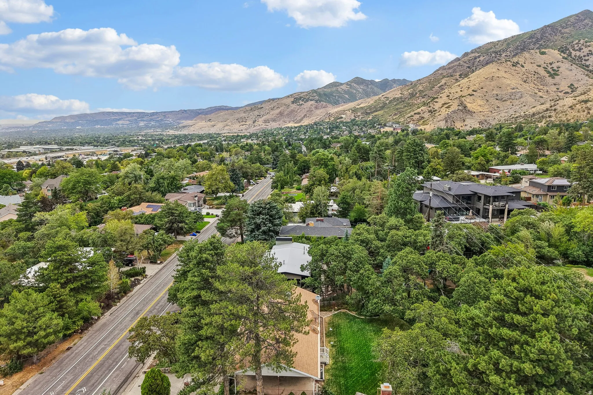 Expansive natural landscape with established trees, mountainous terrain, and residential structures