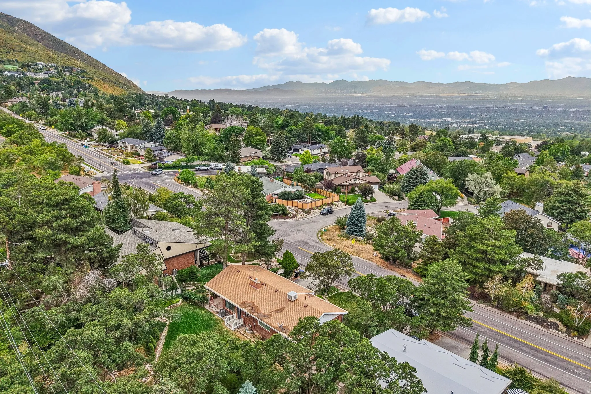 Residential area with mature trees and a distant mountain range