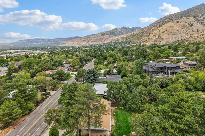 Expansive natural landscape with established trees, mountainous terrain, and residential structures