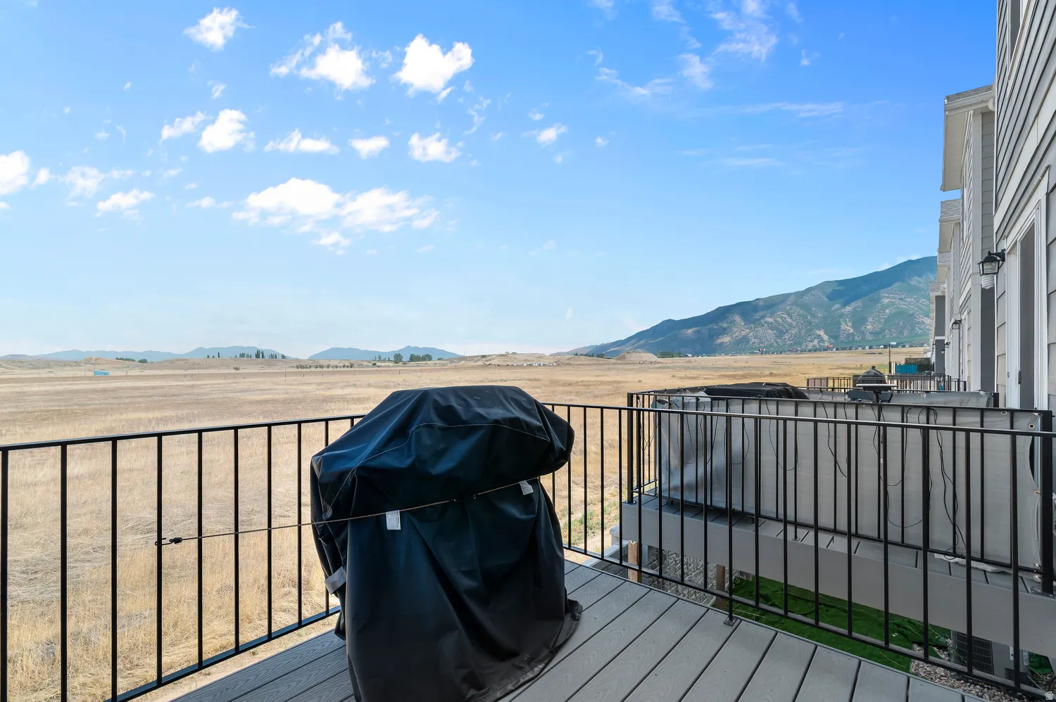 Deck with composite flooring and black metal railing, offering expansive open field and mountain scenery