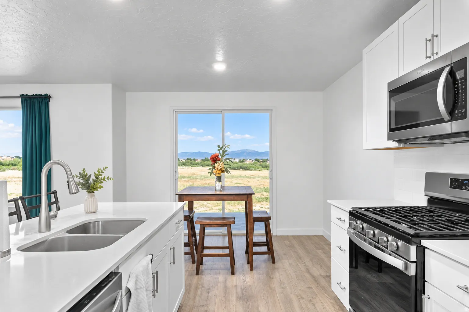 Modern kitchen featuring white cabinetry, stainless steel appliances, a double basin sink, and wood-finish flooring