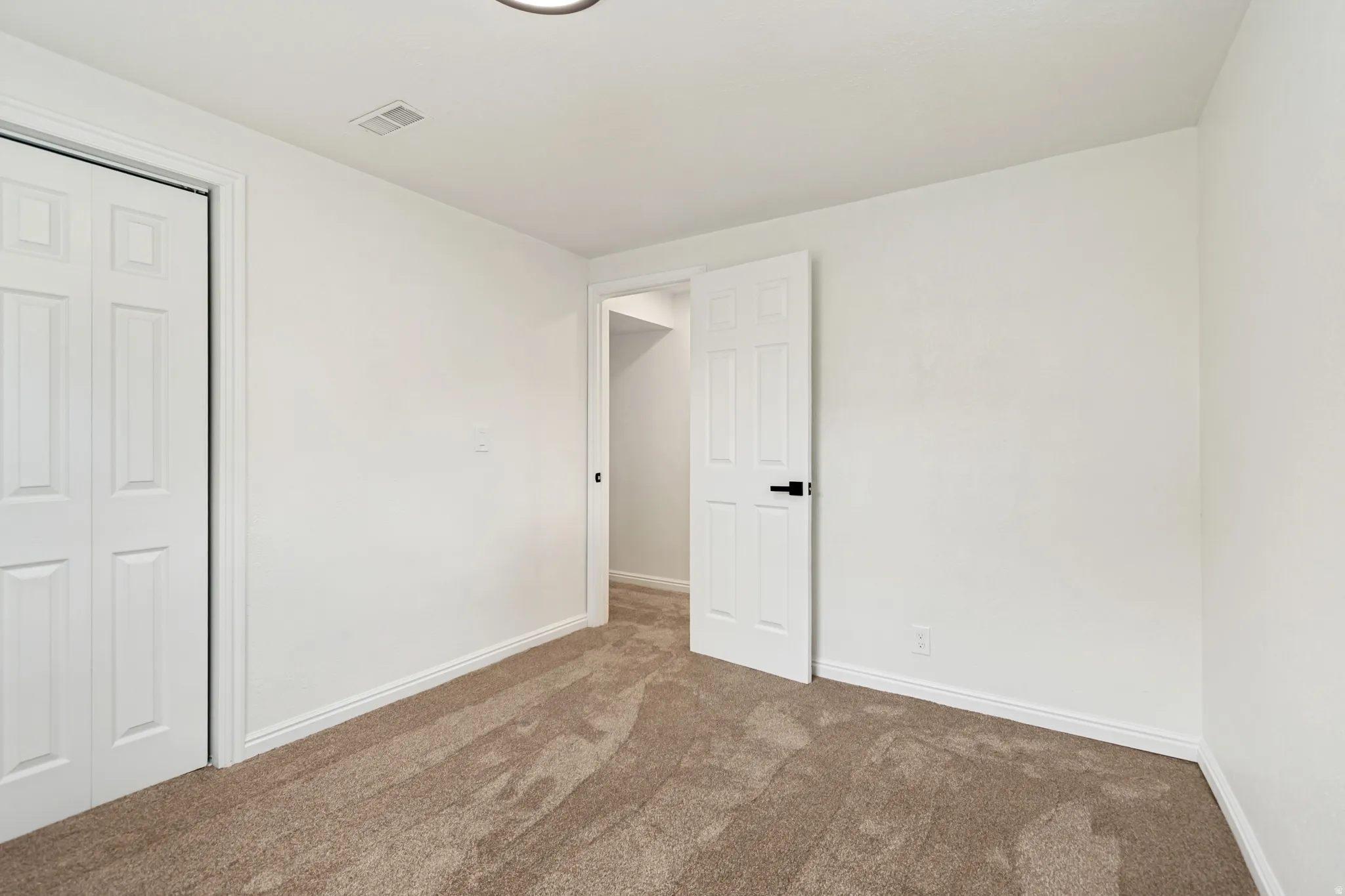 Plush carpeting, white interior paint, white trim, white panel doors, and a flush mount ceiling light fixture