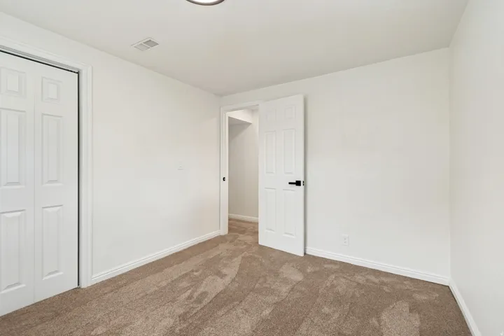 Plush carpeting, white interior paint, white trim, white panel doors, and a flush mount ceiling light fixture