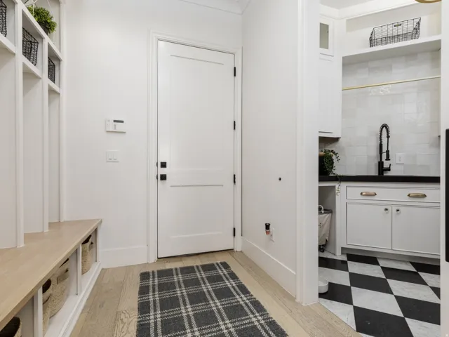 Built-in storage with wood-finish bench seating
