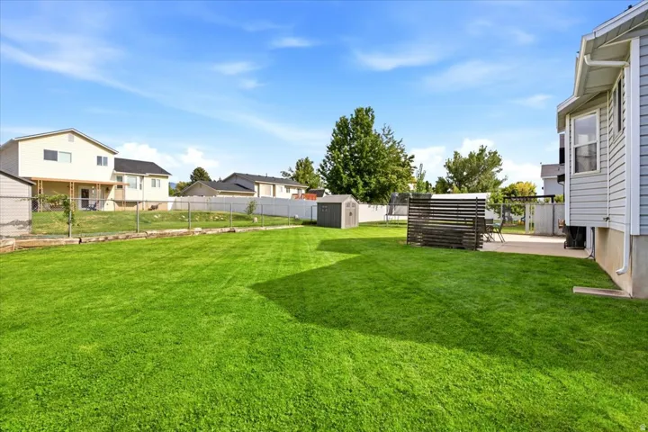 Expansive lawn area with a chain-link fence, concrete patio, and two storage sheds