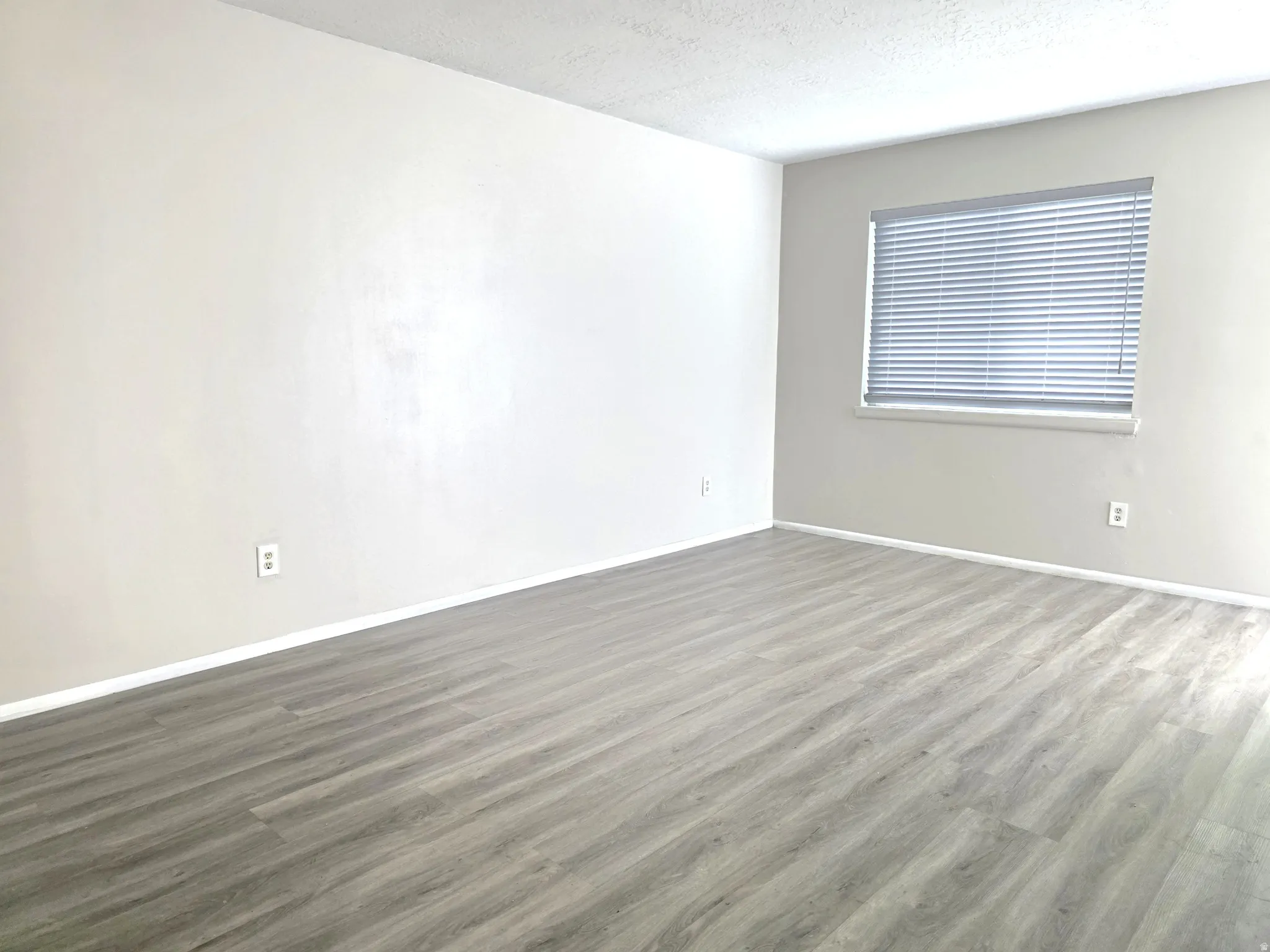 Neutral wall tones with wood-finish flooring and window blinds