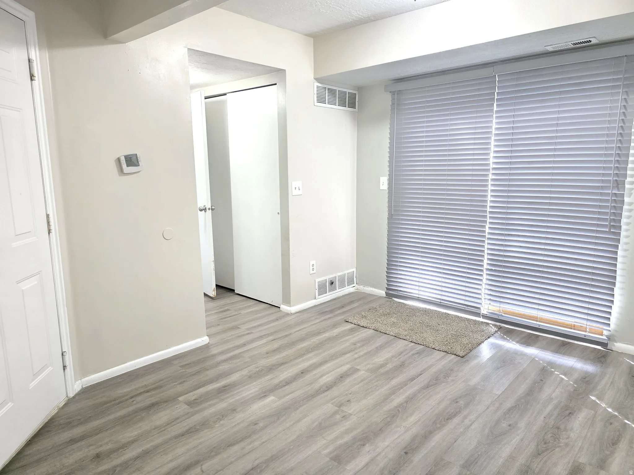 Wood-finish flooring throughout, sliding glass door with horizontal blinds, and a neutral wall palette