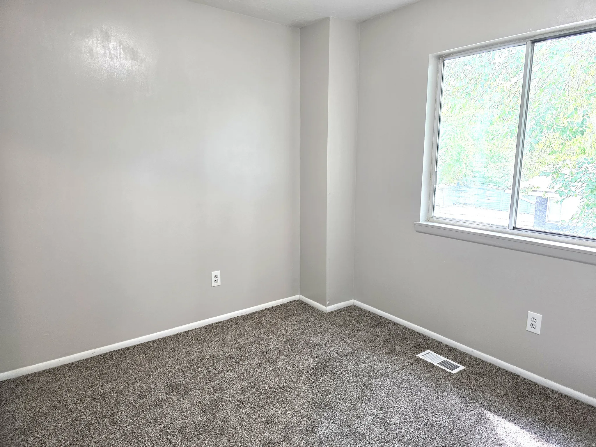 Carpeted flooring, painted walls, and a window with white trim