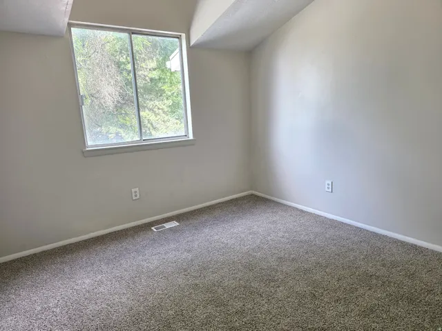 Window with exterior scenery, sloped ceiling, light-colored walls, and textured carpet