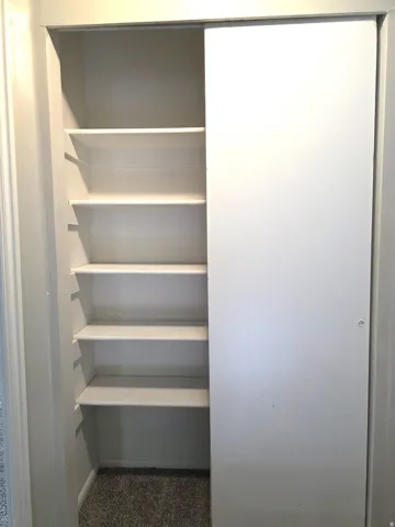 Built-in shelving with multiple levels, sliding door, and neutral carpeting