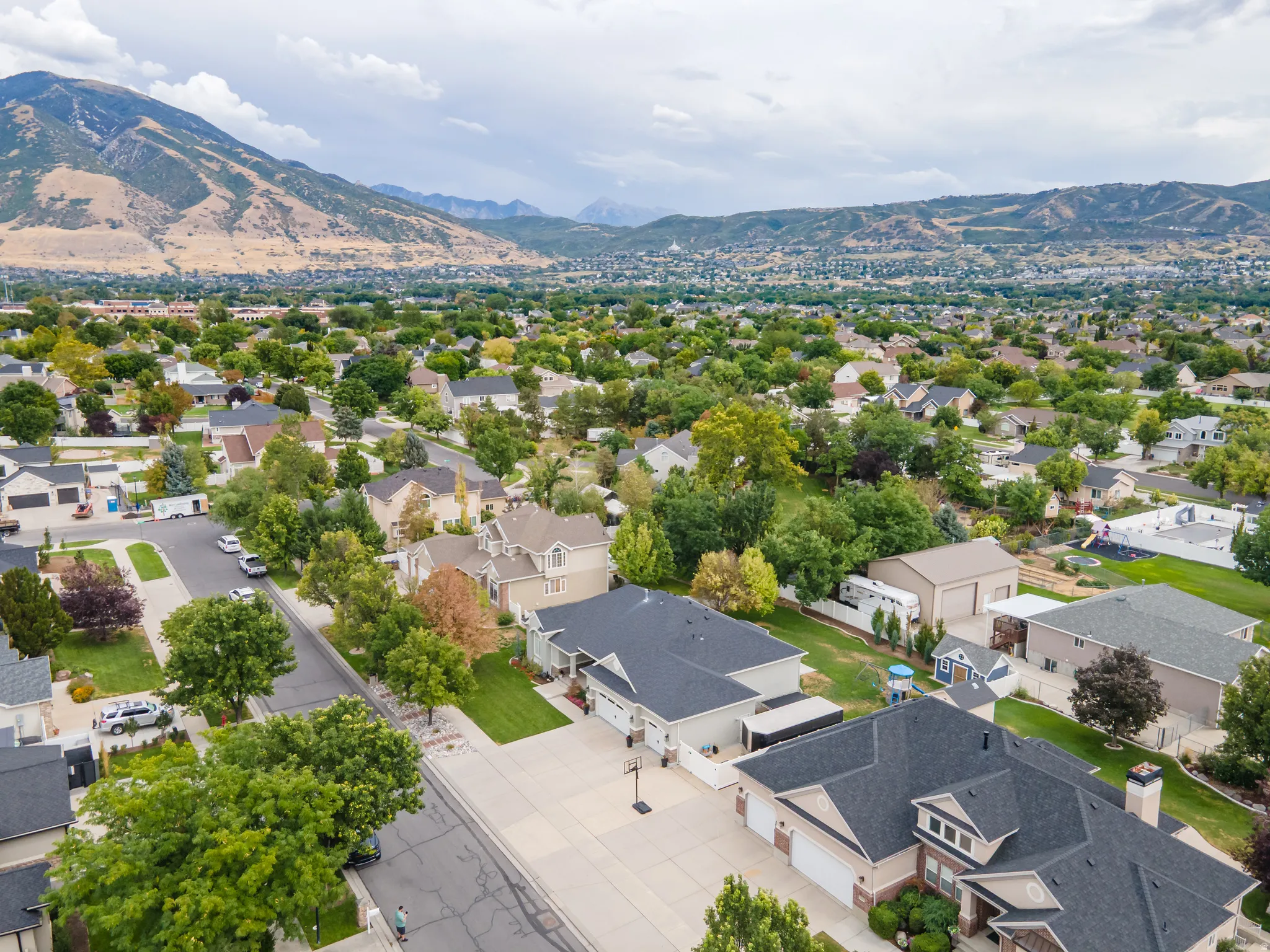 Expansive neighborhood with mature trees and a distant mountain backdrop