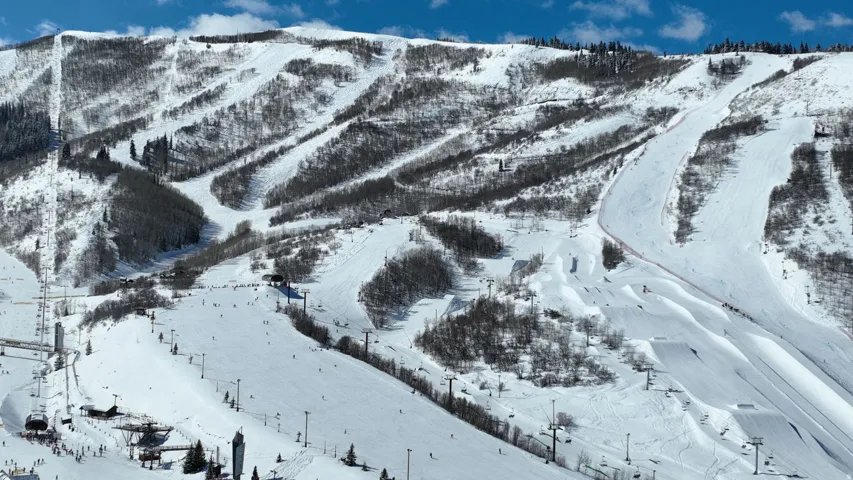 Ski mountain setting with multiple snow-covered slopes, scattered deciduous trees, and visible ski lift infrastructure