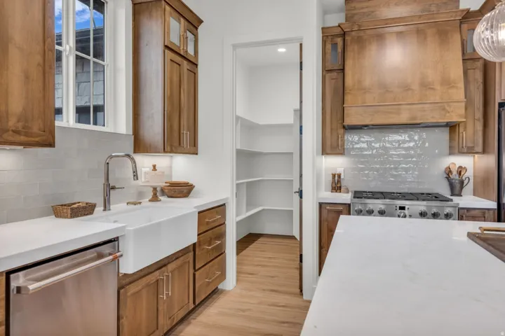 Gourmet kitchen featuring wood cabinetry, stainless steel appliances, a white farmhouse sink, and a walk-in pantry with ample shelving