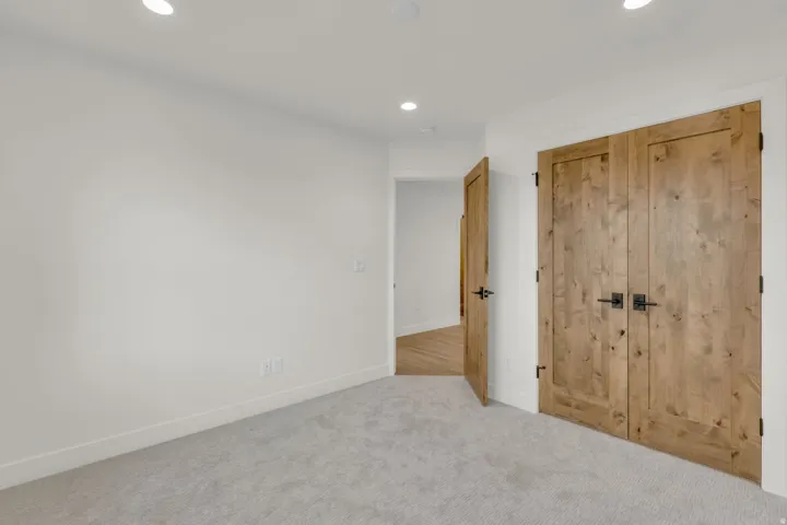 Light-toned wood doors with matte black hardware, recessed lighting, and carpet flooring