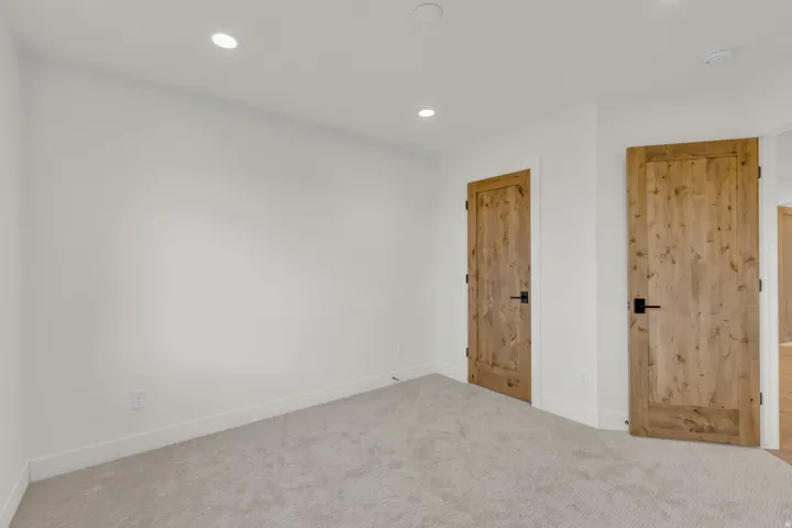 Recessed ceiling lighting, light gray carpeting, two wood-finish doors with black hardware, and crisp white walls