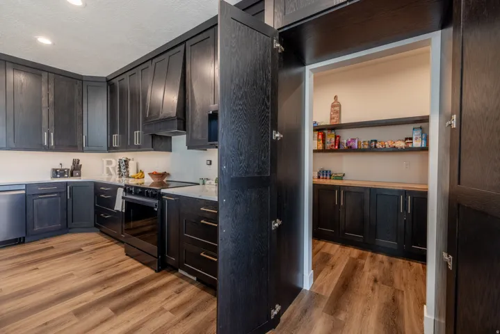 Contemporary kitchen featuring dark wood-finish cabinetry, light-toned countertops, and wood-finish flooring