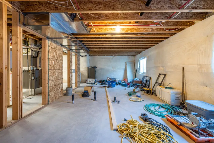 Unfinished basement with concrete flooring, exposed wood framing, and visible ductwork