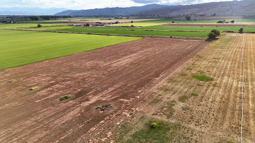 Expansive agricultural land featuring cultivated fields and a distant mountain range