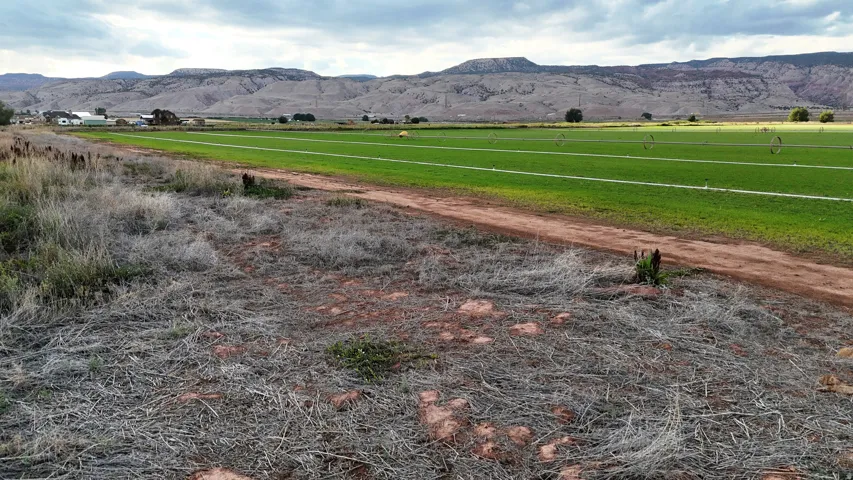 Expansive undeveloped land with a dirt path, bordered by green agricultural fields and distant mountainous terrain