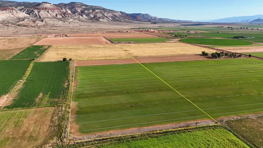 Expansive agricultural land featuring cultivated fields and a mountainous backdrop