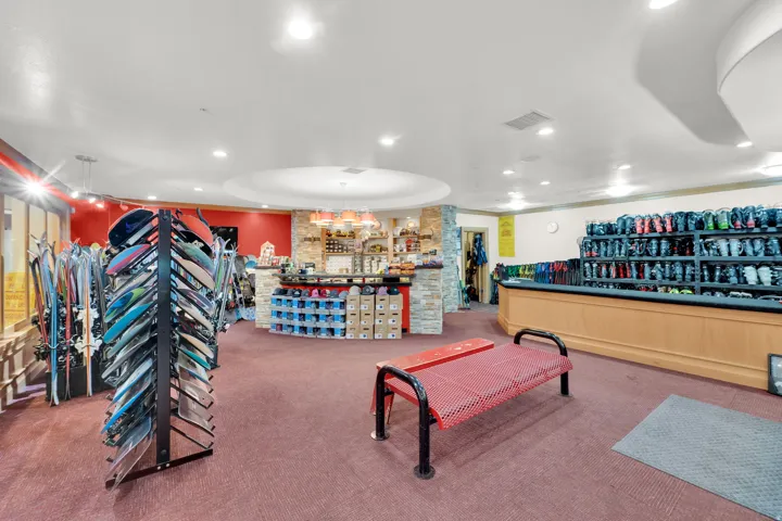 Recessed lighting, curved ceiling details, stone-clad display counter, wood-finish service counter, and carpeted flooring