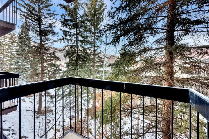 Balcony with black metal railings overlooking a natural landscape with evergreen trees