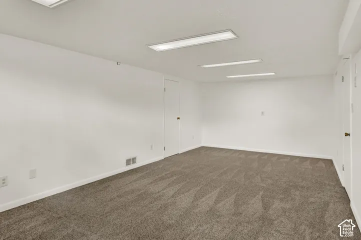Expansive room featuring  New neutral carpeting, white walls, multiple flush-mount ceiling lights, and two panel doors