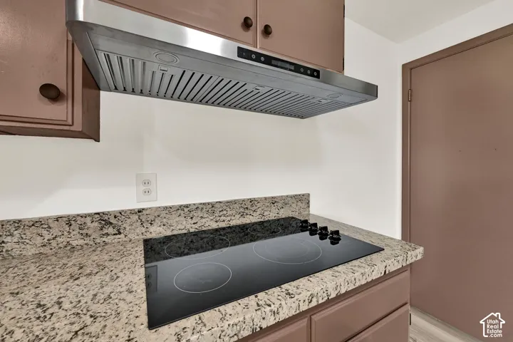 Built-in electric cooktop, granite countertop, and New stainless steel range hood