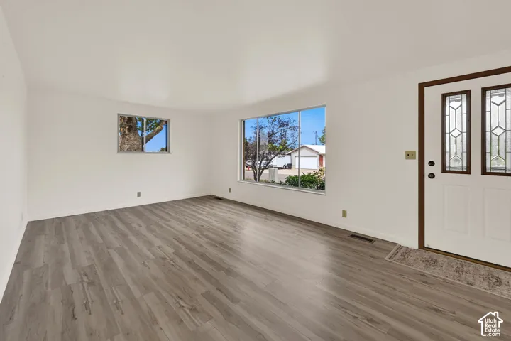 New LVP Wood-finish flooring, white walls, multiple windows, and a front entry door with decorative glass inserts
