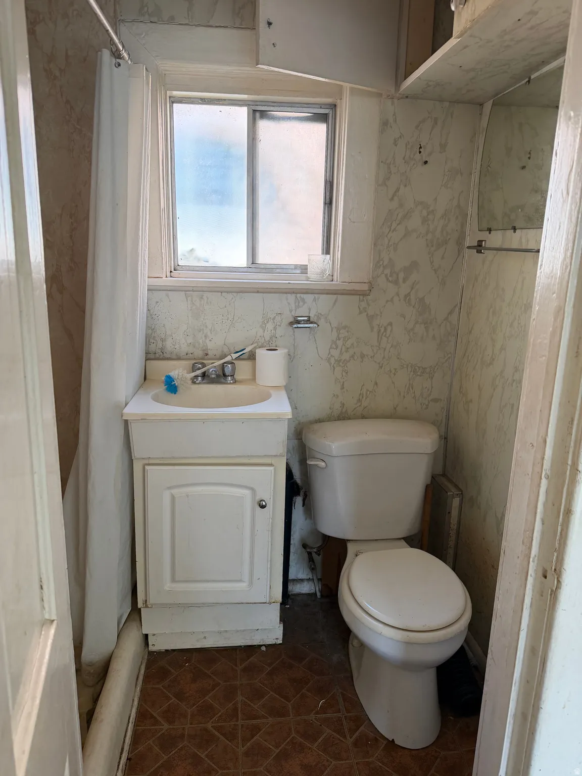 White vanity with integrated sink