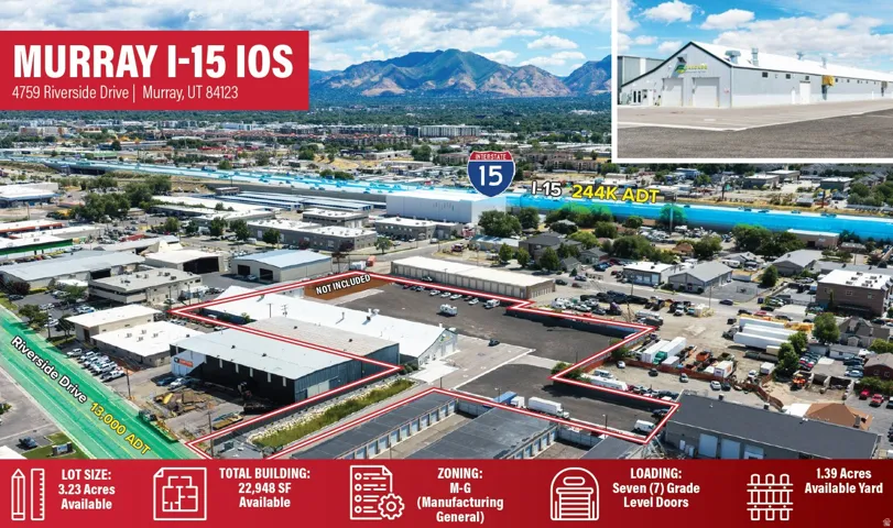 Real Estate Marketing Flyer. Presenting an aerial overview of the property at 4759 Riverside Drive, Murray, UT 84123, with key metrics such as lot size, building square footage, zoning, and loading capabilities