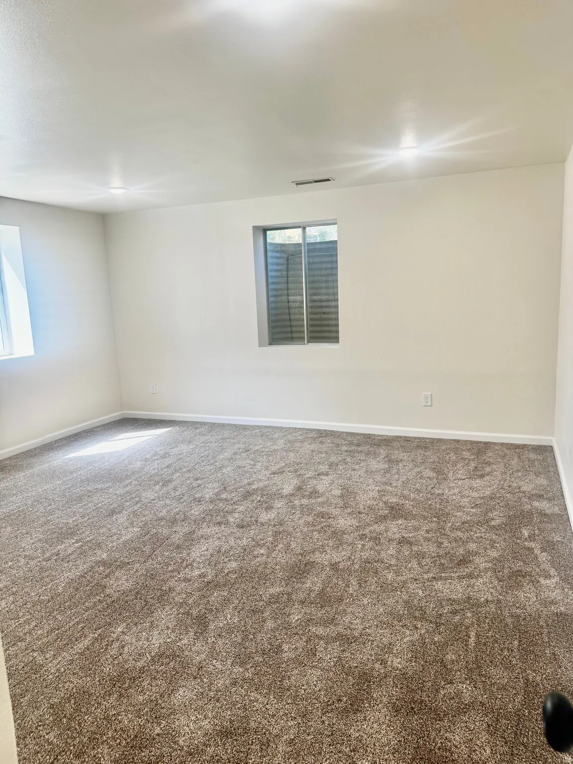 Wall-to-wall carpet flooring, recessed lighting, and neutral wall tones
