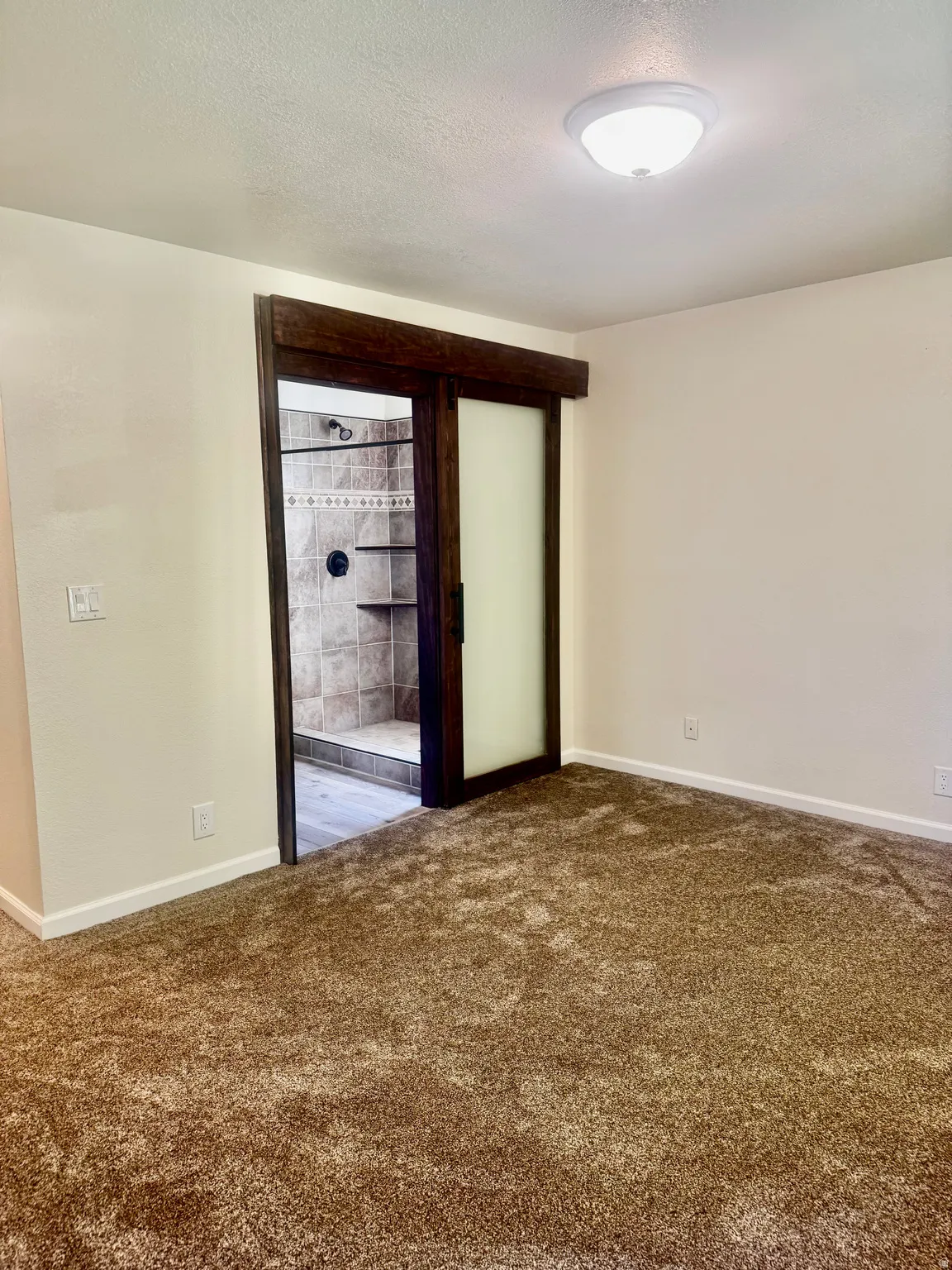 Brown carpet flooring, white walls, flush mount ceiling light, sliding wood-frame door with frosted panel, and an en-suite shower with tile walls and built-in shelving