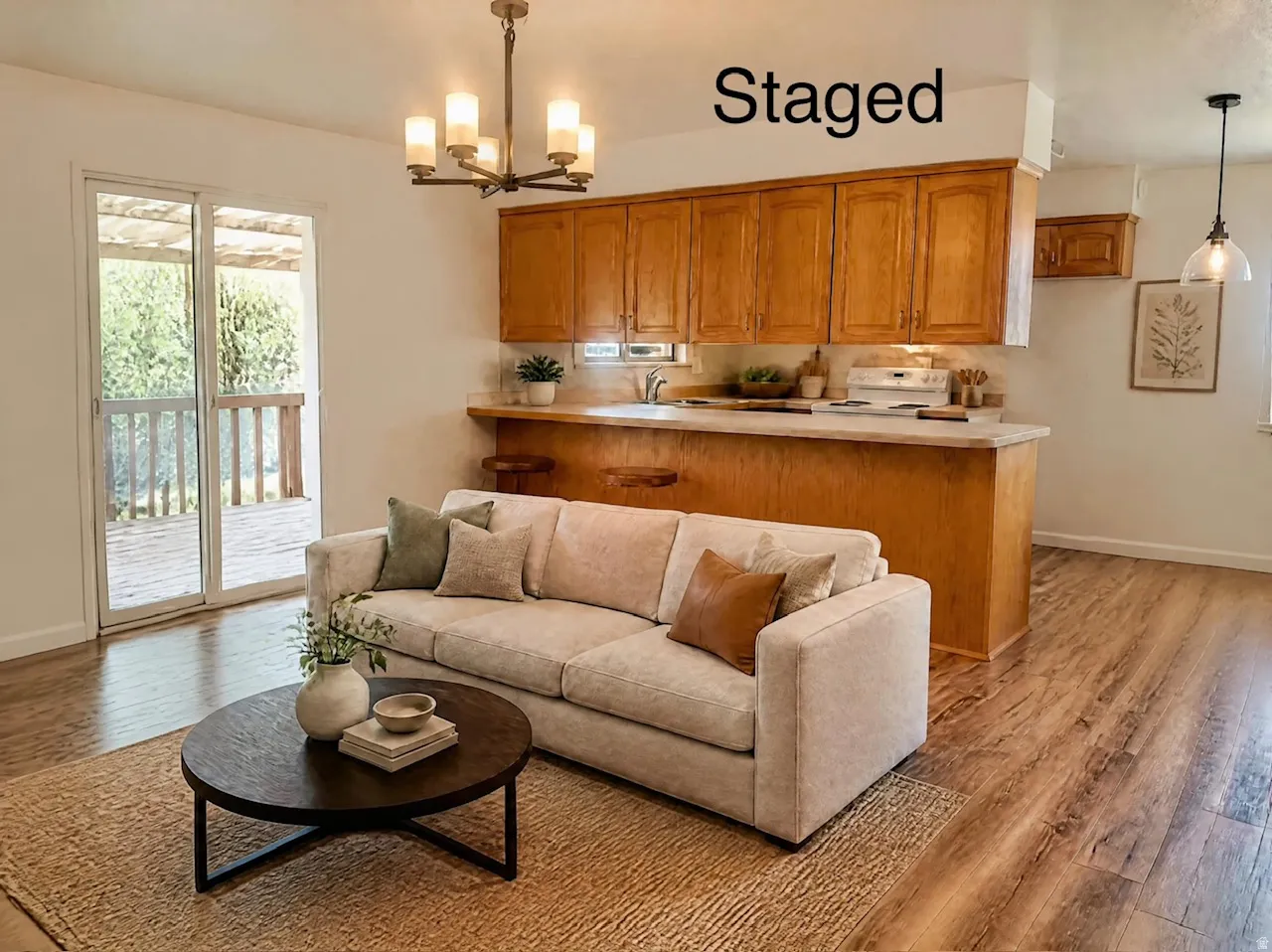 Wood-finish flooring throughout, sliding glass door leading to an outdoor deck, recessed lighting, wood cabinetry, and a built-in kitchen peninsula