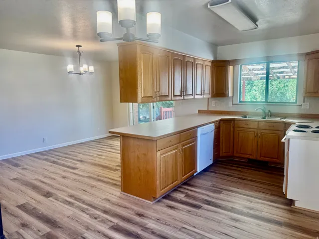 Wood-finish flooring throughout, light wood cabinetry, and a built-in dishwasher