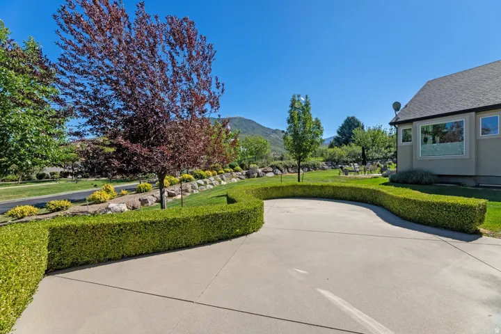 Manicured lawn with mature trees and sculpted hedges