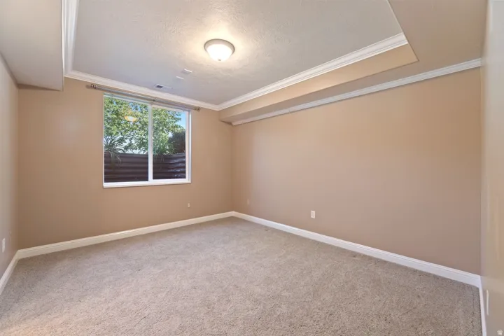Recessed ceiling with crown molding, neutral-toned walls, carpeted flooring, and a large window