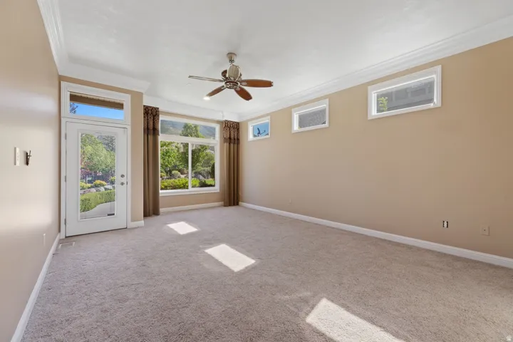 Spacious room featuring neutral carpeting, a transom door, multiple windows, crown molding, and a ceiling fan