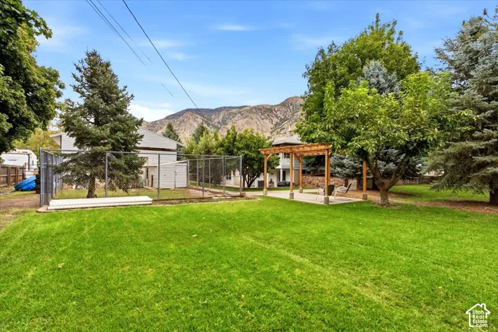 Expansive green lawn featuring a wood pergola over a concrete patio