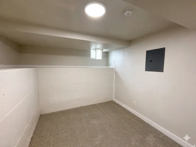 Carpeted floor, painted walls, compact window, flush-mount ceiling light, and electrical panel