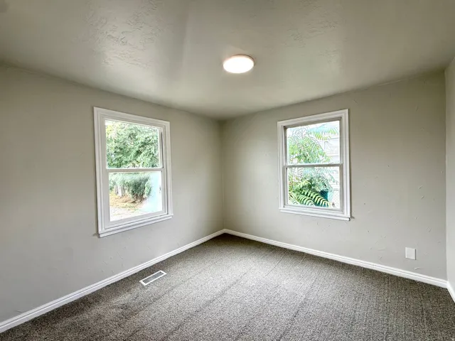 Neutral wall finishes, two windows with white trim, gray carpet, and a flush-mount ceiling light fixture