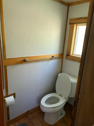 White toilet fixture and wood-finish flooring