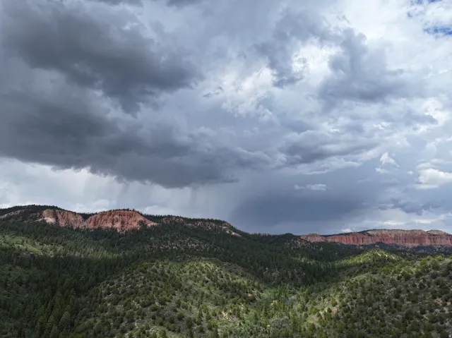 Scenery featuring a forested mountain landscape with red rock formations under a cloudy sky